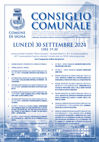 Convocazione Consiglio Comunale del 30.09.2024