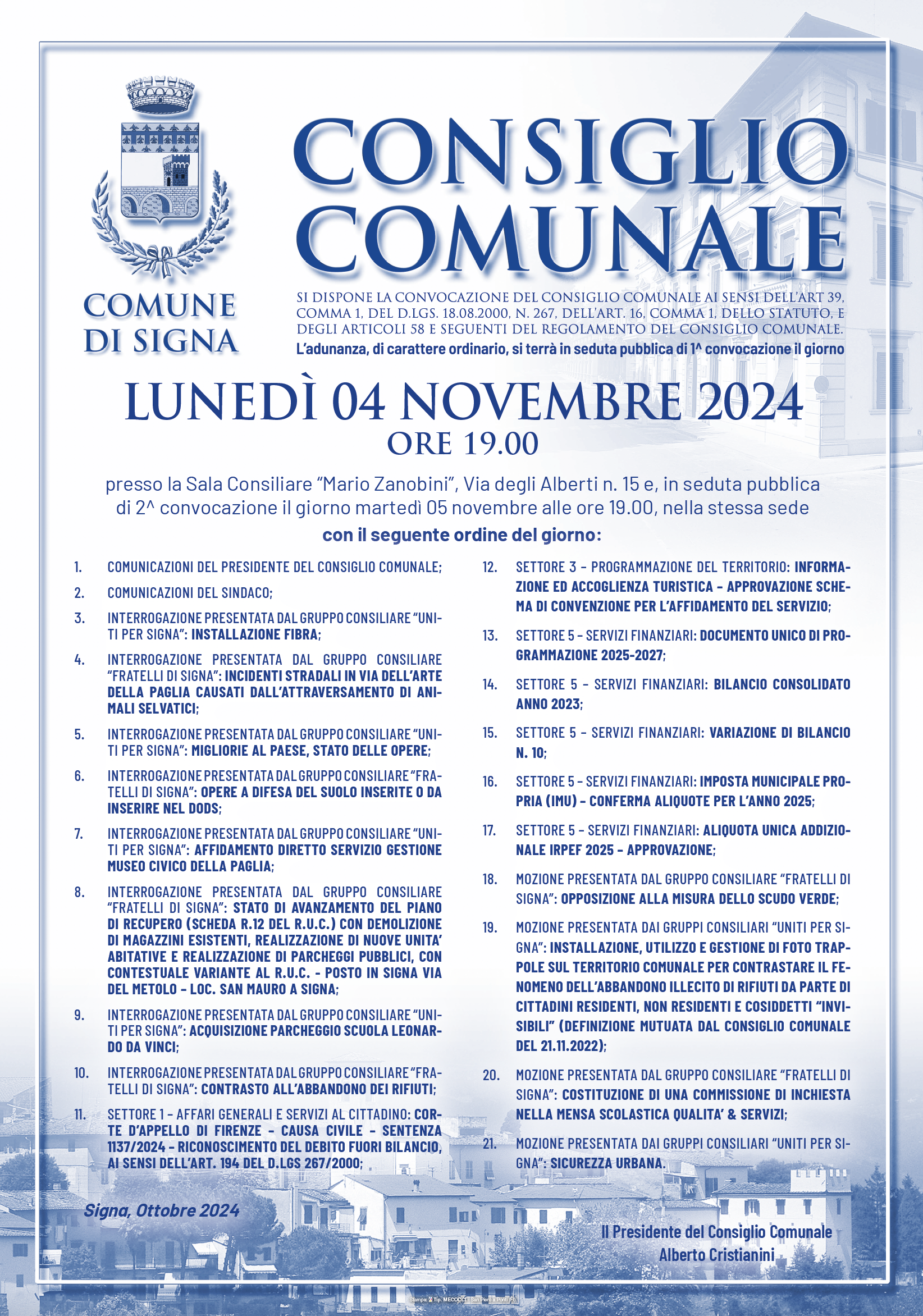 Convocazione Consiglio Comunale del 04.11.2024