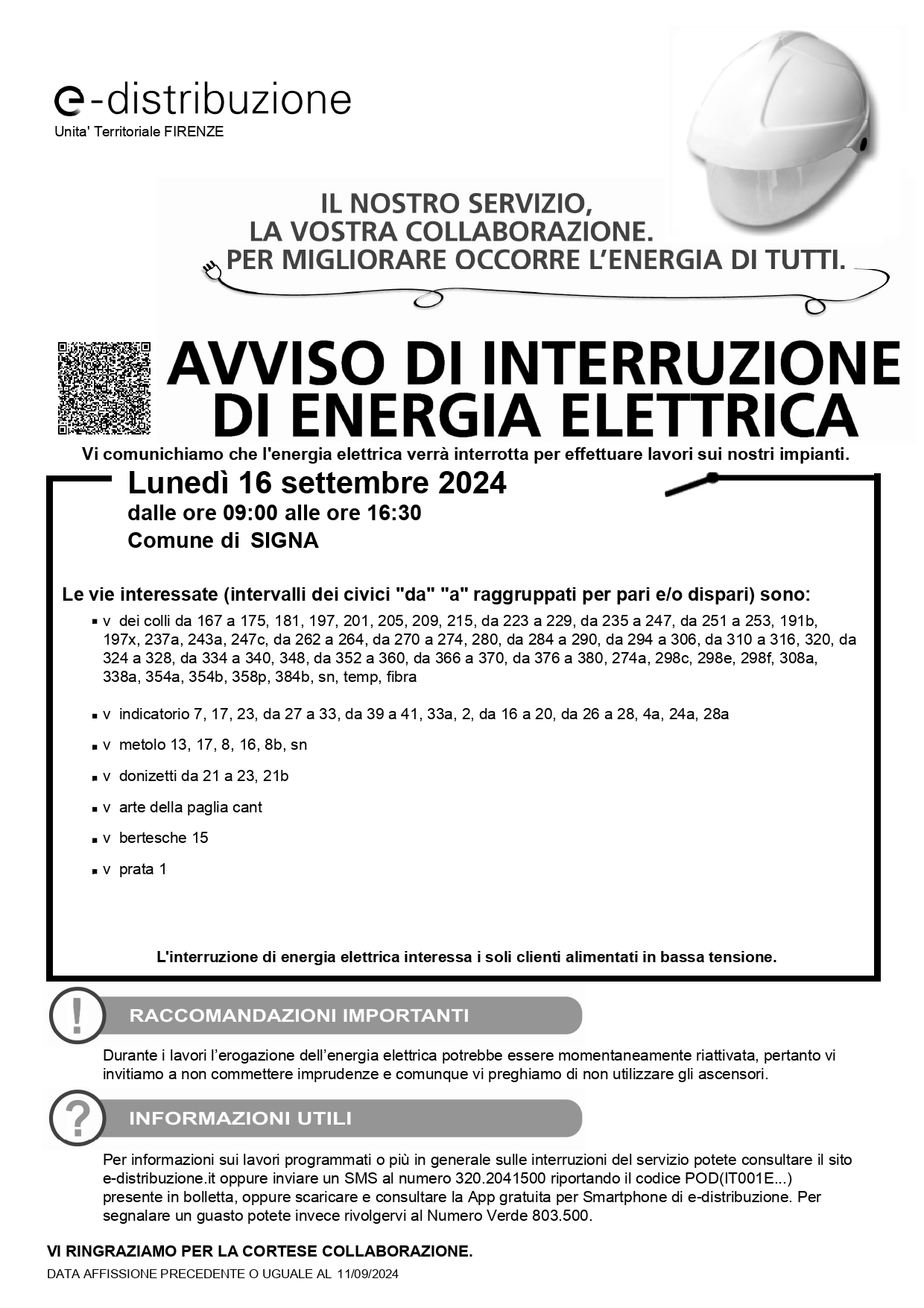 Avviso interruzione energia elettrica 16 settembre 2024