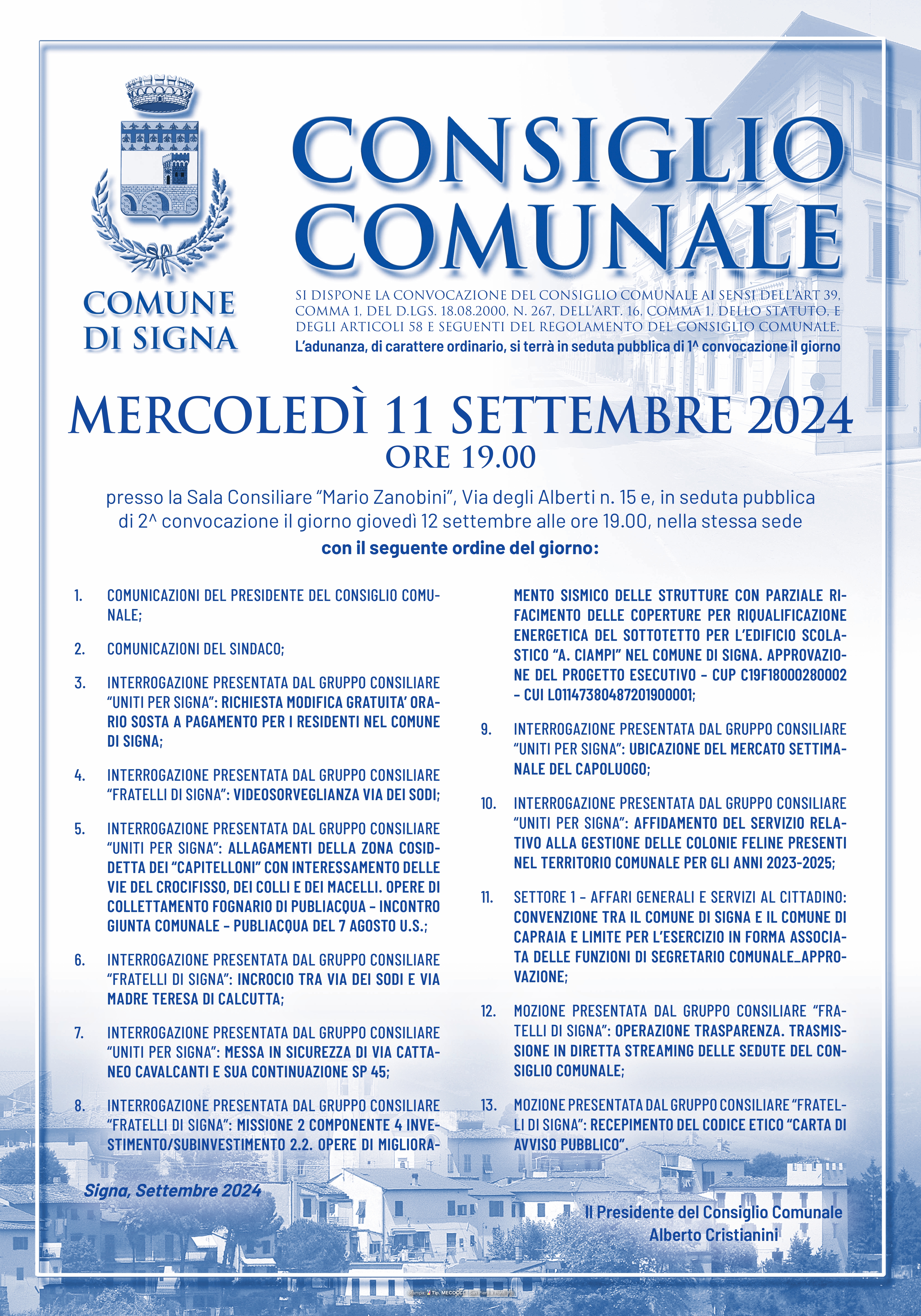 Convocazione Consiglio Comunale del 11.09.2024